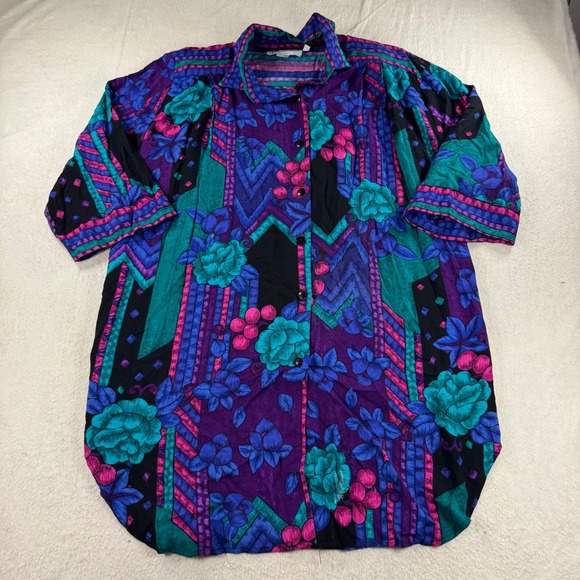 A Personal Touch Vintage Floral Rayon Blouse Top Sz 1X Teal 80s 90s Fairy Grunge - Picture 1 of 9